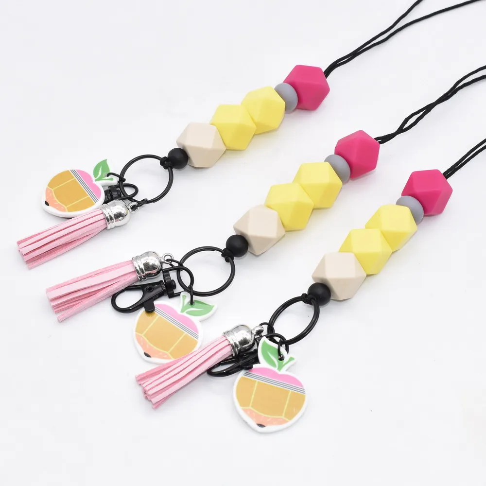 1pc Silicone Facted Beads Pencil Colors With Apple Charms Pink Suede Tassel Lanyard Keychain Gifts For Teachers