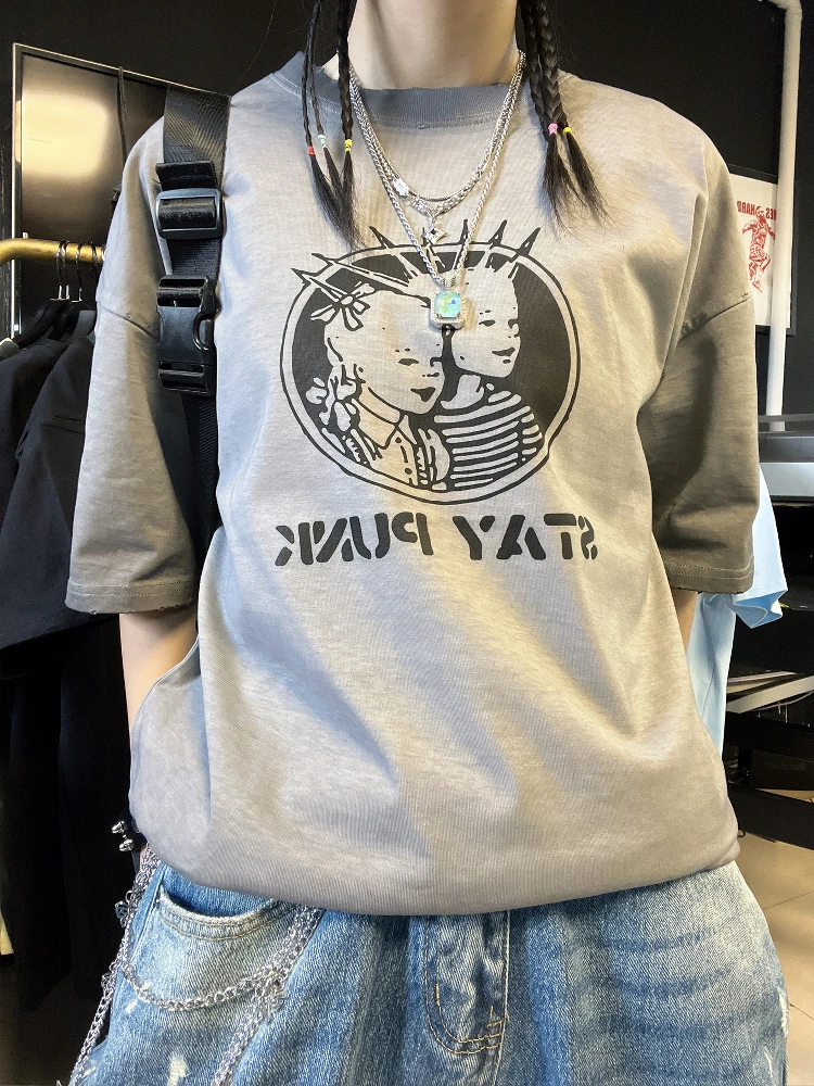 Wang Studio Washed Vintage Grey Short Sleeve T-Shirt Unisex Loose Student Style High End Feeling Casual Wear for Couples