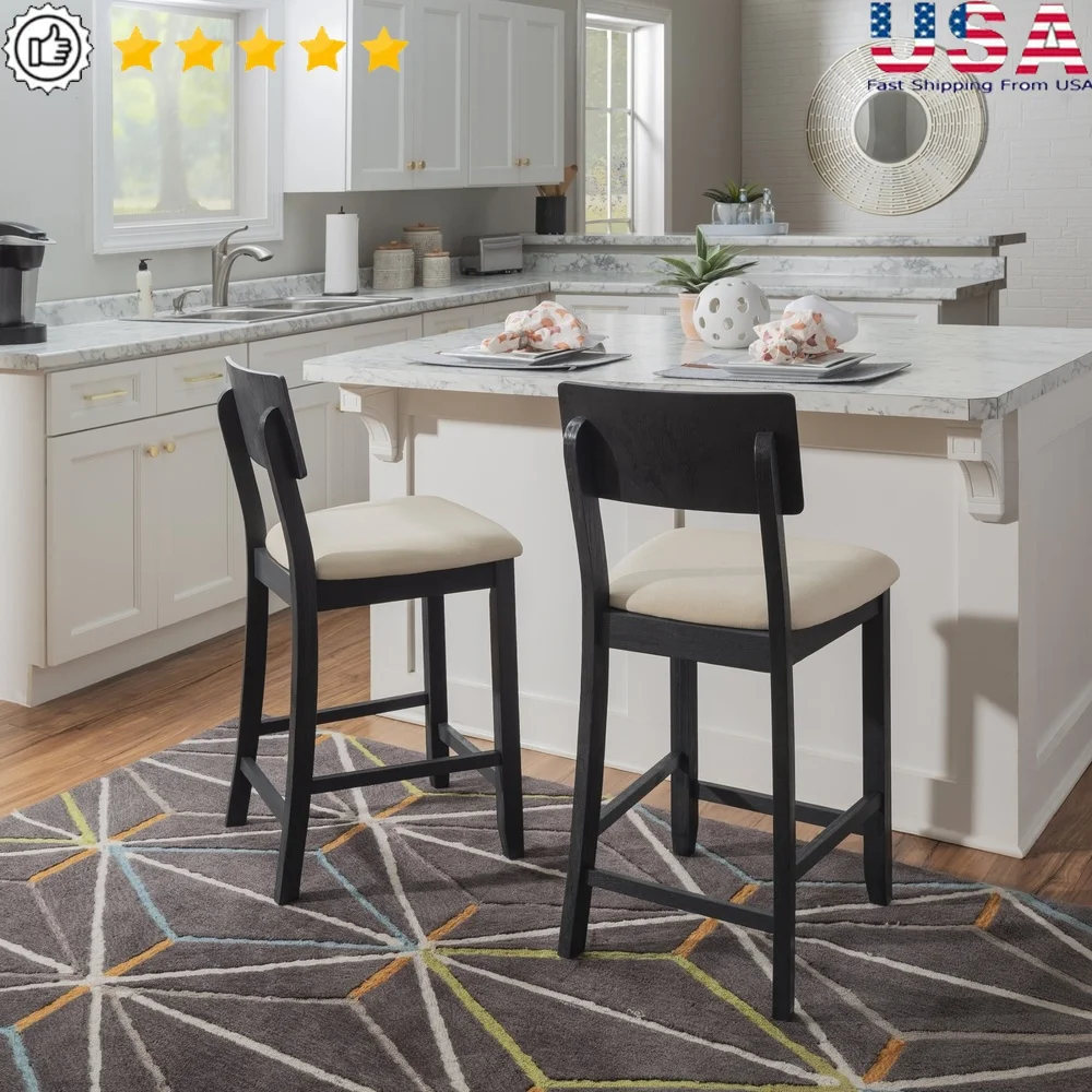 

25 Inch Indoor Acacia Wood Counter Stool with Padded Cushion Dark Charcoal Rustic Design Footrest Comfortable Seating Kitchen