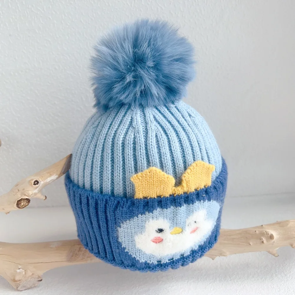

Fashion Cartoon Knitted Pompon Hat Thickened Keep Warm Winter Baby Hats Windproof Ear Protection Cap for Kids