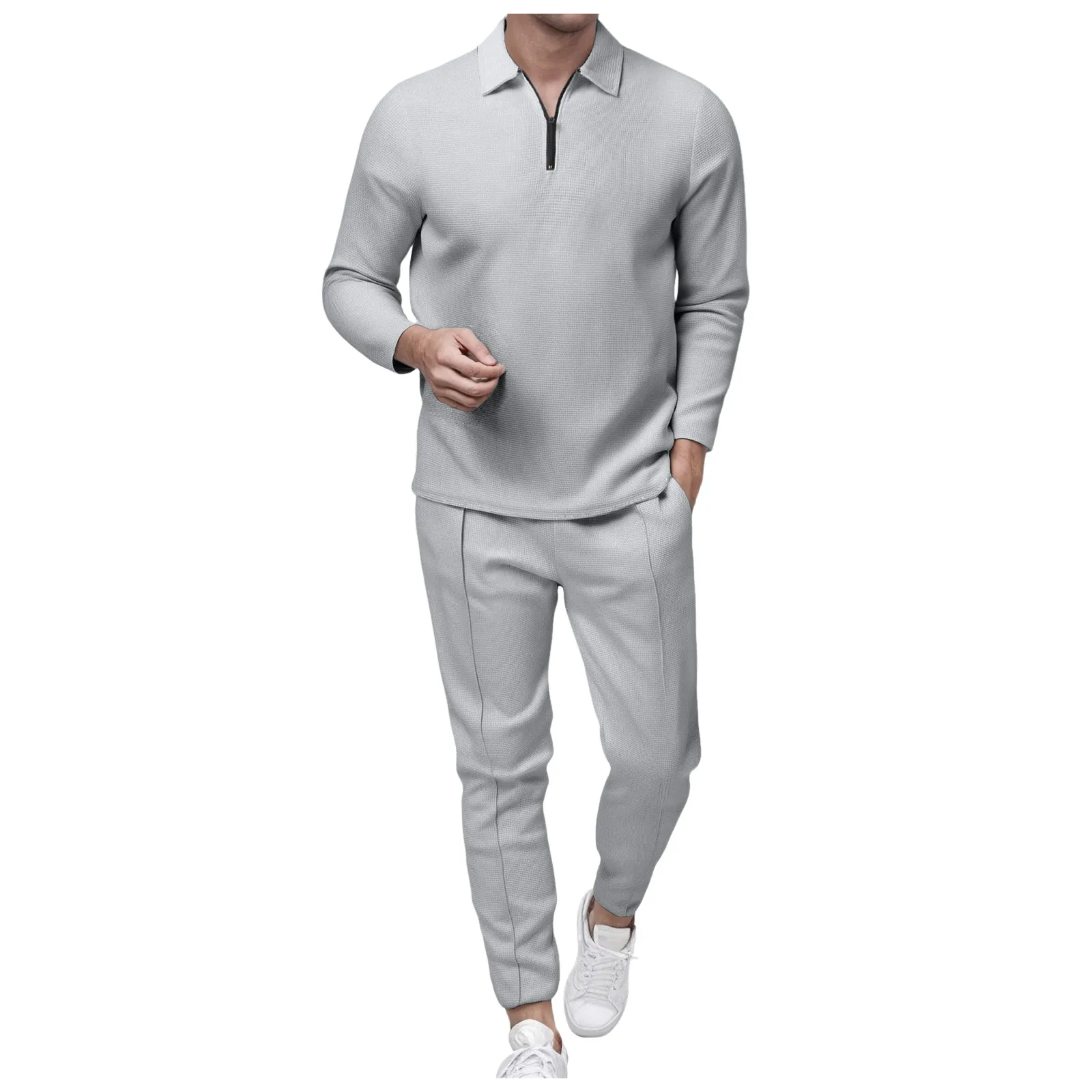 6 قطعة بدلة رجالية بلون سادة متماسكة نصف سحاب كم طويل سراويل طويلة أطقم رياضية غير رسمية 38s بدلة رجالية