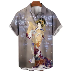 Japanese Geisha Pattern 3D Printed Men Shirt Man/Women Casual Fashion Short Sleeves Shirts Lapel Tops Oversized Unisex Clothing