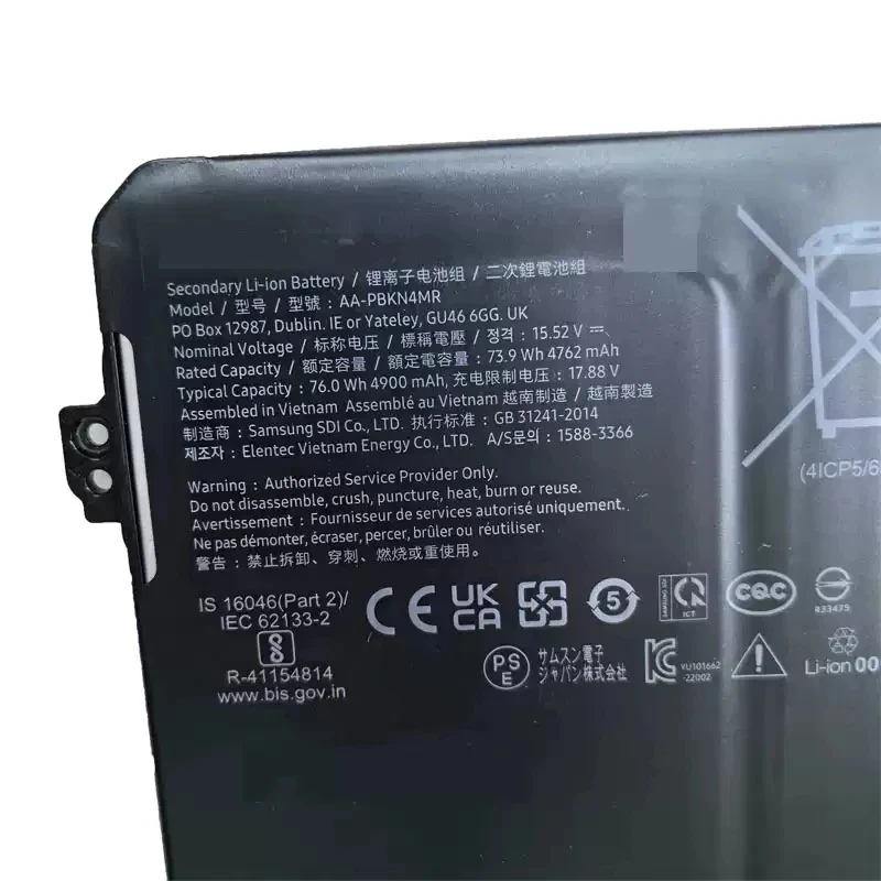 AA-PBKN4MR Laptop Battery For SAMSUNG Galaxy Book 3 Pro 360 NP960XFG NP960XFG-KC1IN KC6SE 15.52V 73.9Wh 4762mAh