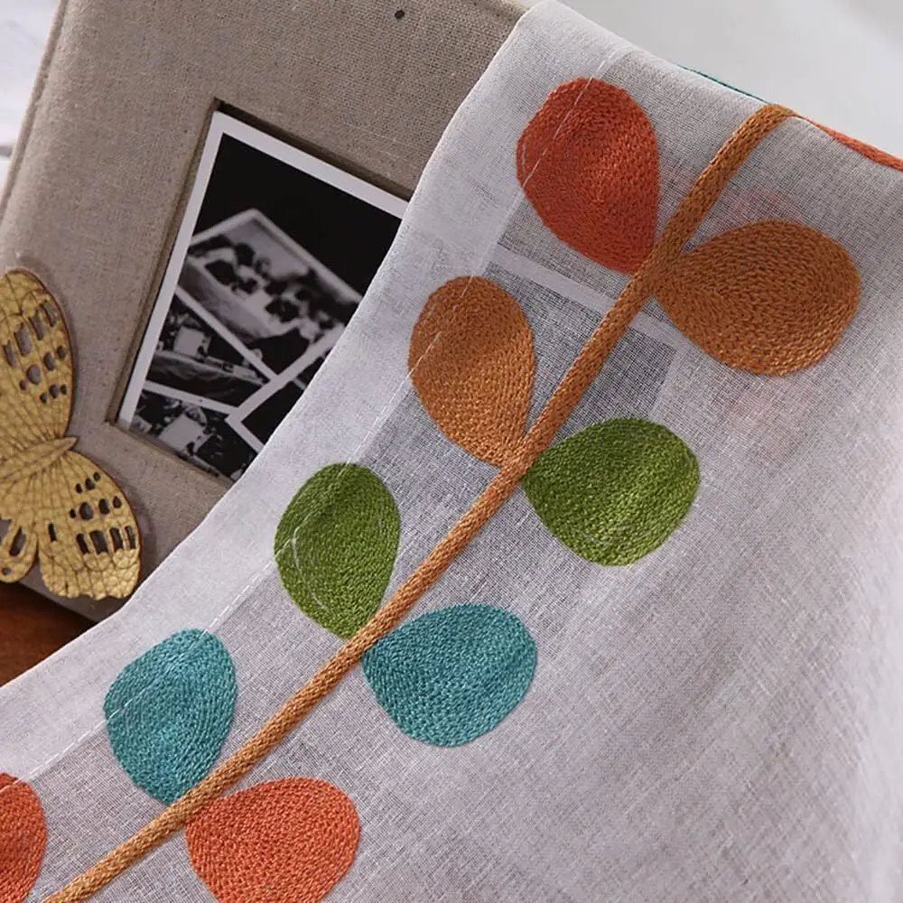 Cortinas transparentes brancas bordadas com folhas coloridas, 60 L x 106 L, conjunto de 2 para sala de estar e quarto