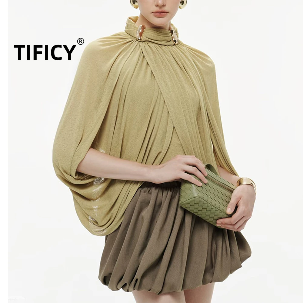 High Street Light Mature Style with A Drooping and Pleated Shawl Shirt Women's Unique and Versatile Slimming Blouses Top