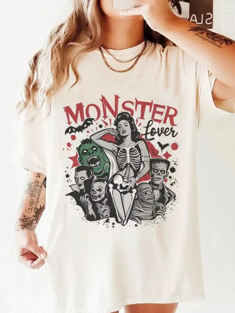 

sherkWomen's Vintage Halloween Monster Lover Printed T-Shirt Summer Fashion T-Shirt Casual Short Sleeved Clothing Top Loose