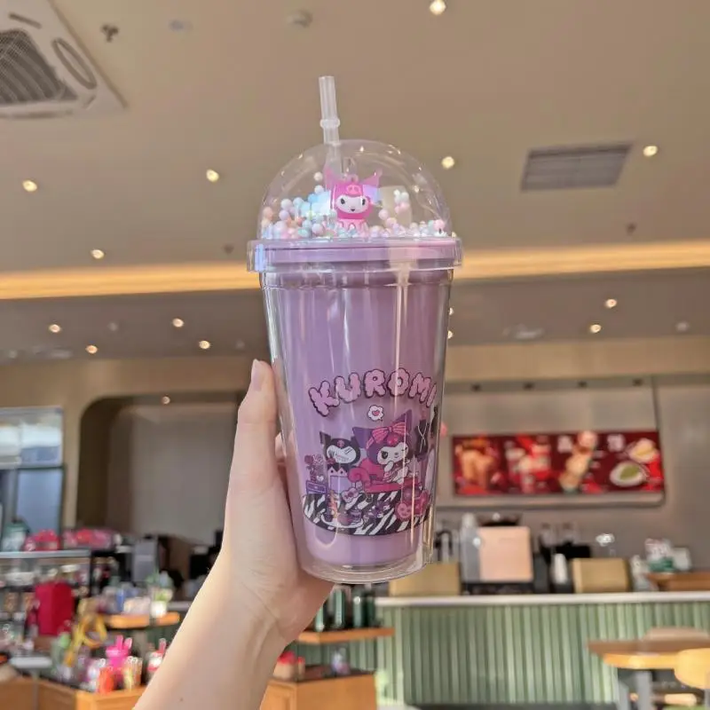 Anime Sanrio Wasser flasche Hallo Kitty Melodie Kuromi Cinna moroll Doppels chicht Plastik becher tragbare Sport becher Mädchen Geburtstags geschenke