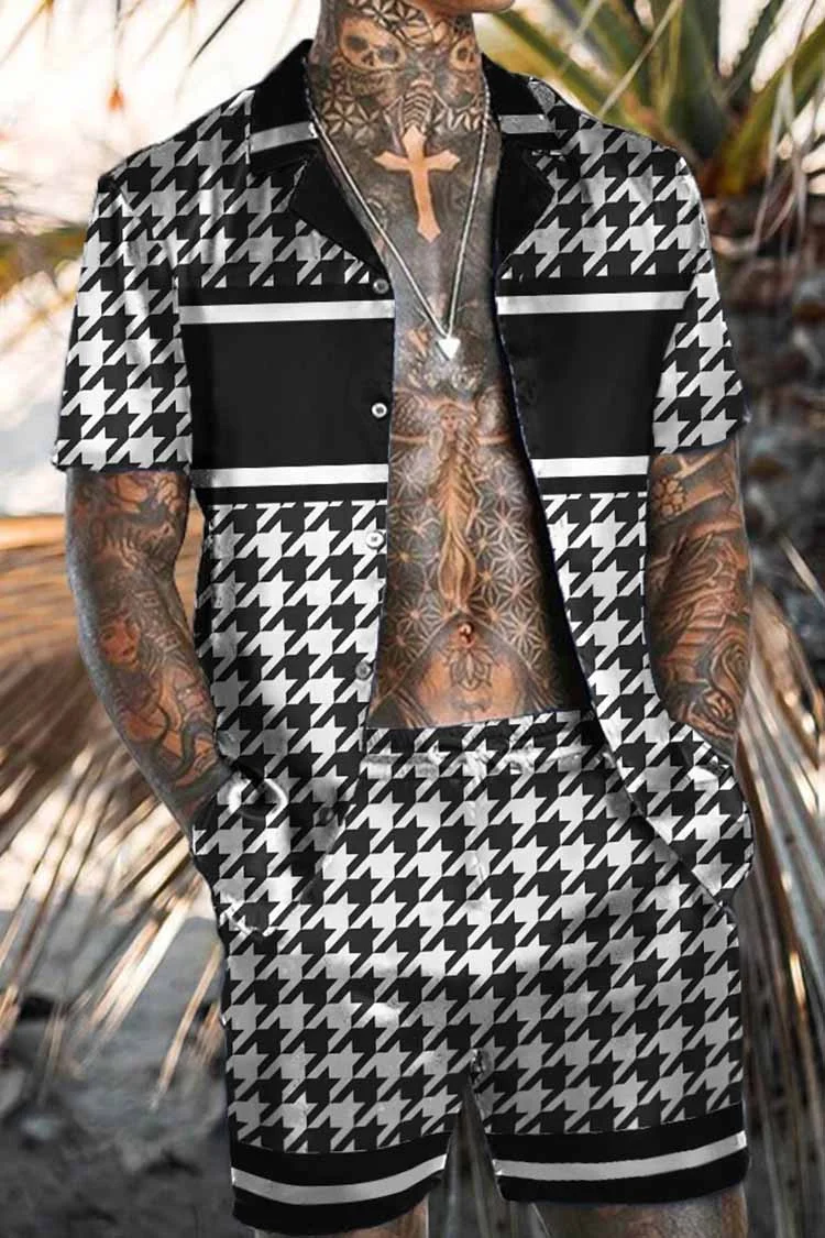 

Casual Men's Short Sleeve Shirt Set Houndstooth Printed Summer Trendy Thin Comfortable Breathable Set Hawaiian Shirt Suit
