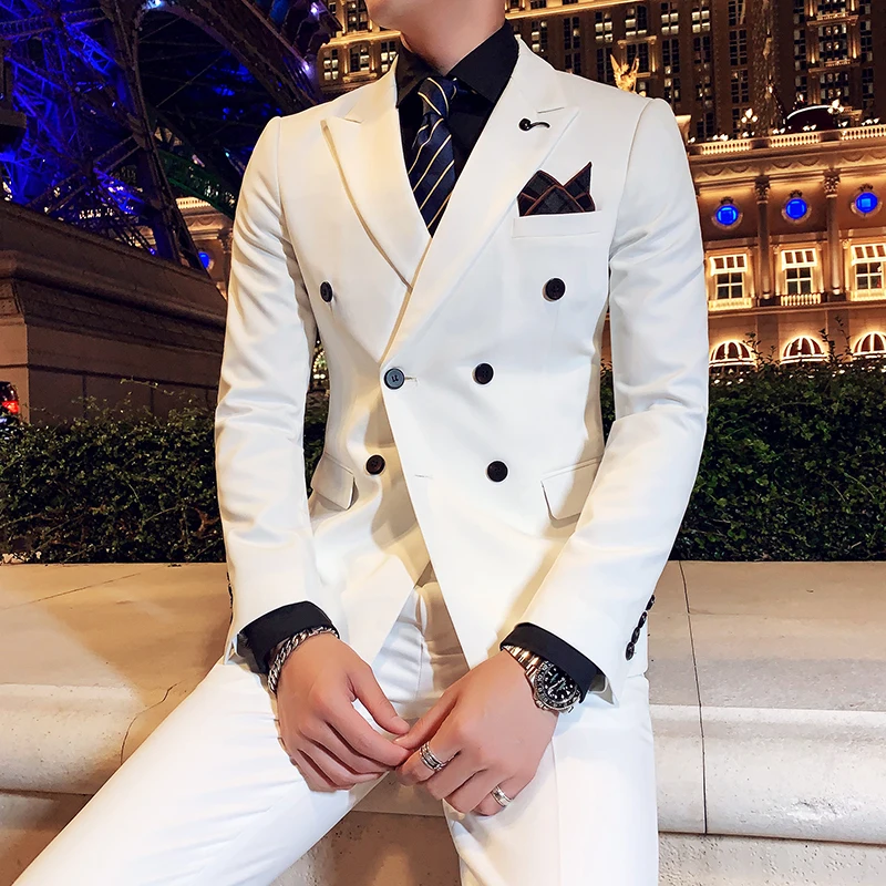 

(Blazers+Vest+Trousers) Boutique Men's Fashion Business Gentleman Slim Double Breasted Casual Formal Dress Three-piece Suits