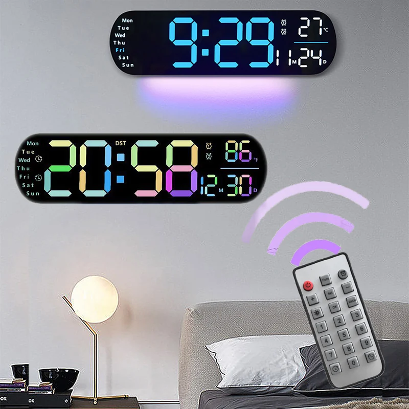 

Large Digital Wall Clock Temperature Date Week Display 9 Colored Ambient Lights Countdown Function Wall Clock for Living Room