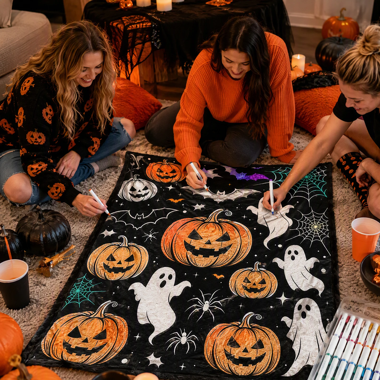 Creative Art Fabric Blanket with 24Pcs Colored Pens Halloween Throw Blanket 50x60 Inch for Bedroom Study Classroom Living Room