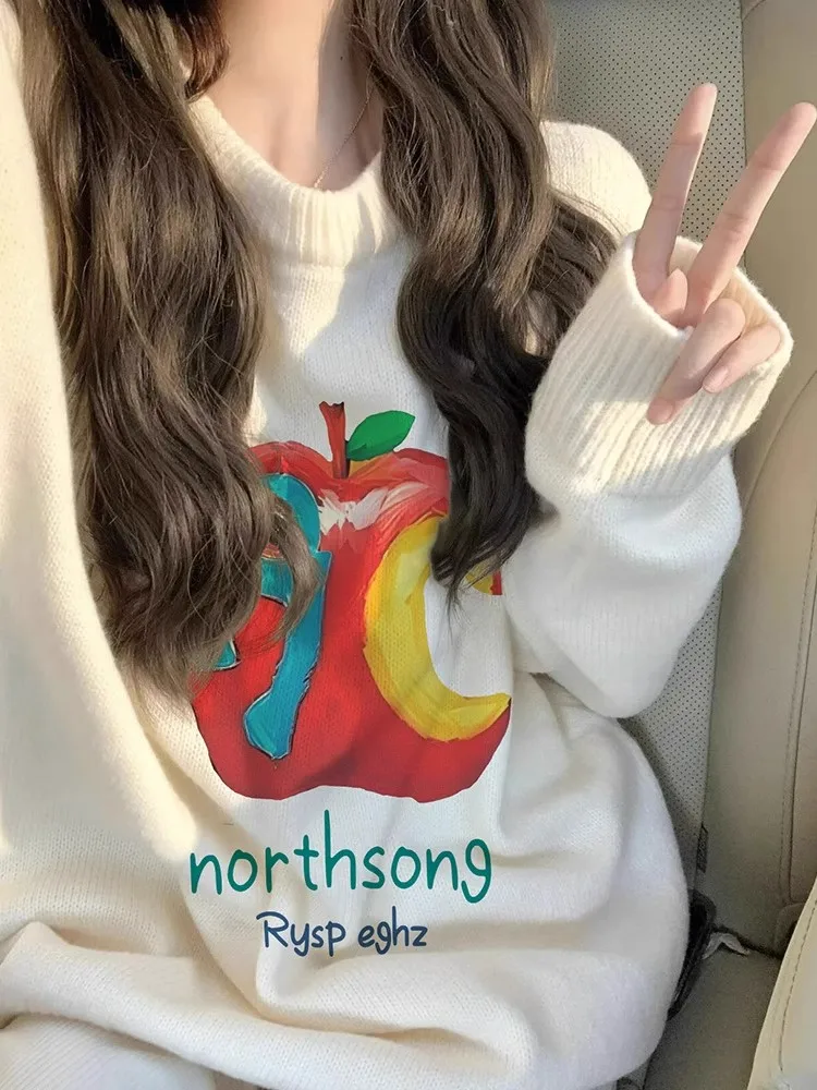 Maglione da donna morbido e pigro autunno inverno nuovo top coat lavorato a maglia delicato e allentato rotondo modello Ne Long Sve Cartoon