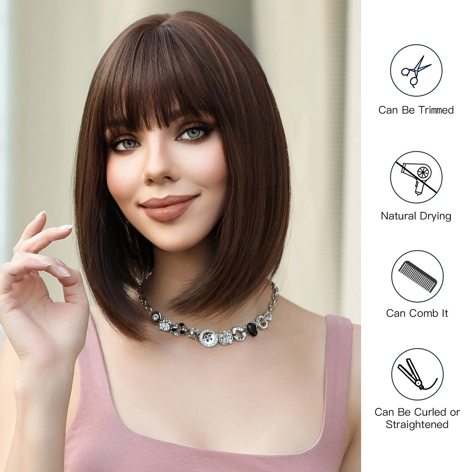 Straight Bob Synthetic Wigs Chocolate Brown Bob Wigs with Bangs Dark Brown Hair for White Black Women Daily Use Heat Resistant