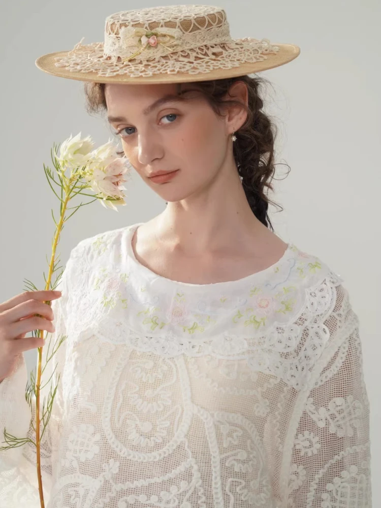 

Весенне-осенние белые топы, женские винтажные элегантные блузки ручной работы с вышивкой и воротником, роскошные корейские модные блузки из 100% хлопка с вышивкой