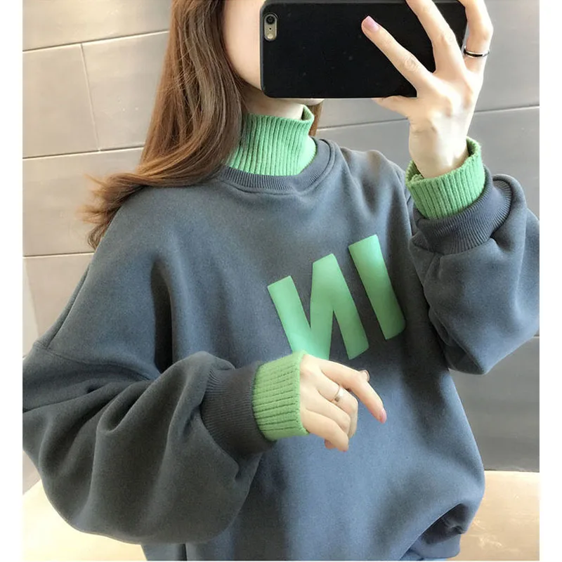 New Winter Fashion Process Plush Thickened Half High Neck Loose Versatile Splice Fake Two Piece Casual Lazy Women\'s Sweater