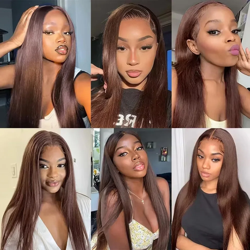 #4 Chocolate Brown Silky Bone Straight Brazilian Human Hair Wig 46 Inch HD Transparent Lace Front Pre Bleached Pre Cut Lace Baby Hair 200 Density For Black Women view 5