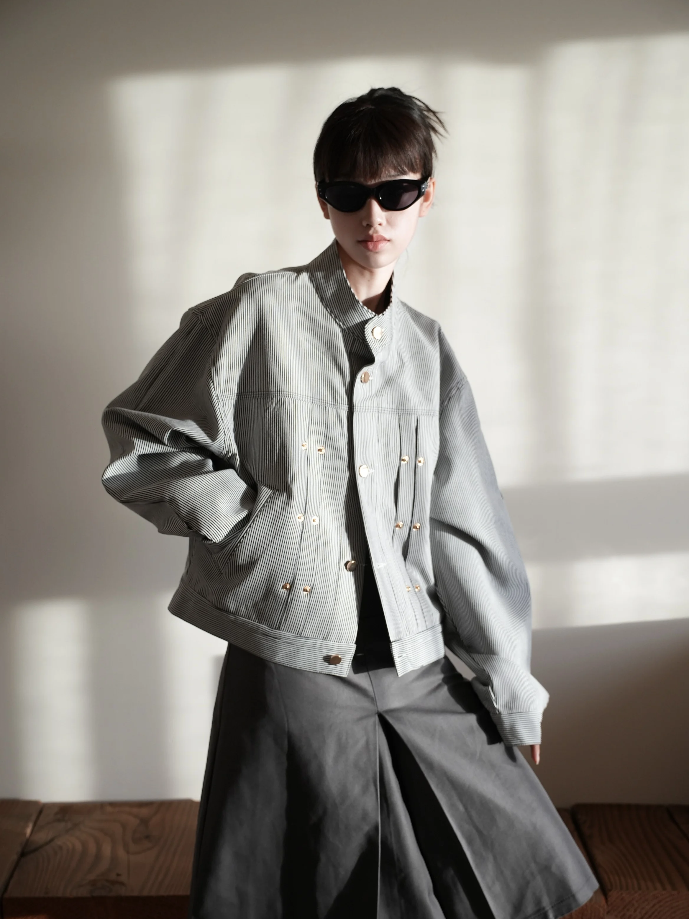 Super All-Matching Graceful Button Striped Short Style Stand-up Collar Jacket