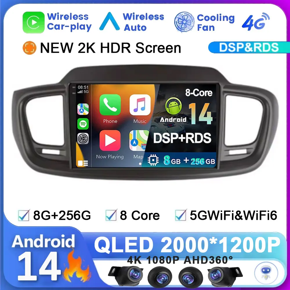 Android 14 For Kia Sorento 3 2015 - 2018 System Car Radio Wireless Carplay DSP RDS Auto Multimedia GPS Video Player Stereo QLED