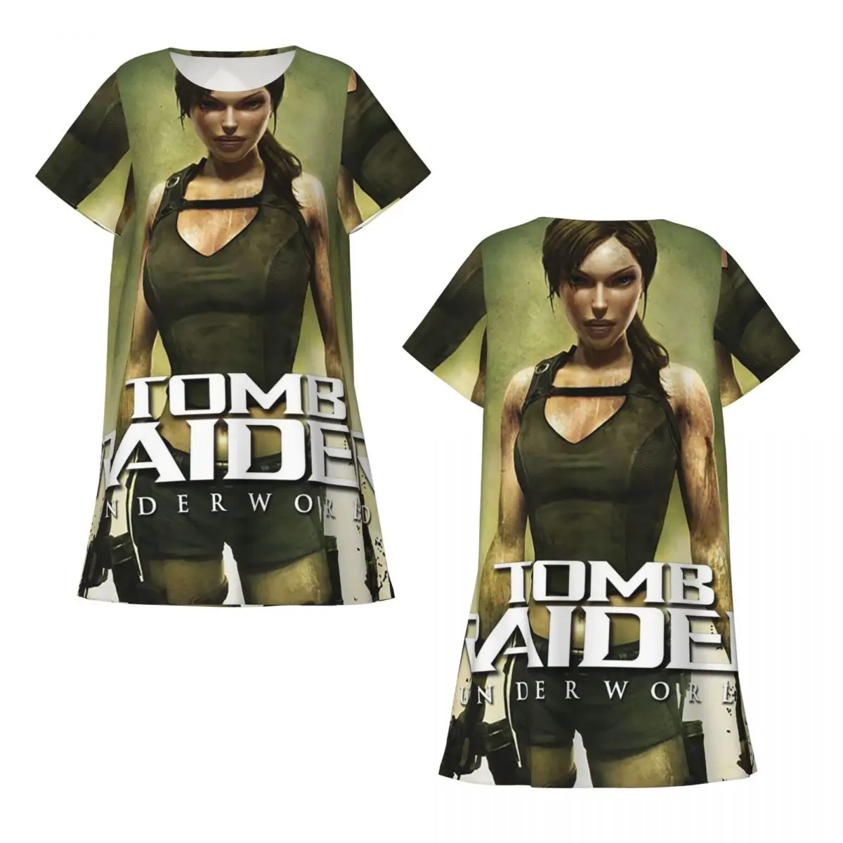 Tomb Raider Lara Croft Games Angelina Jolie  Short Sleeves Nightdress For Sleeping Women Short Sleeve Nightgowns Pajama Dress