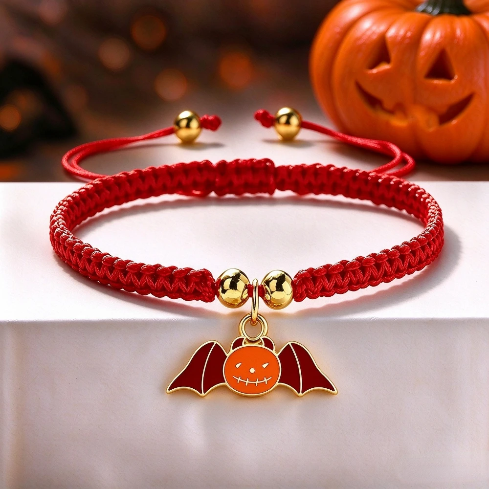 Halloween Pumpkin Charm Bracelet Hand Woven Braided Rope Fashion Accessory with Small Bat Pendant Adjustable for Women And Men