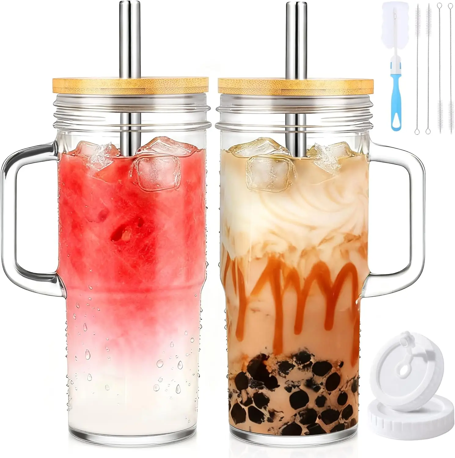 

24oz Glass Tumbler with Handle, Lid & Straw - Reusable for Hot/Cold Drinks, Travel Cup