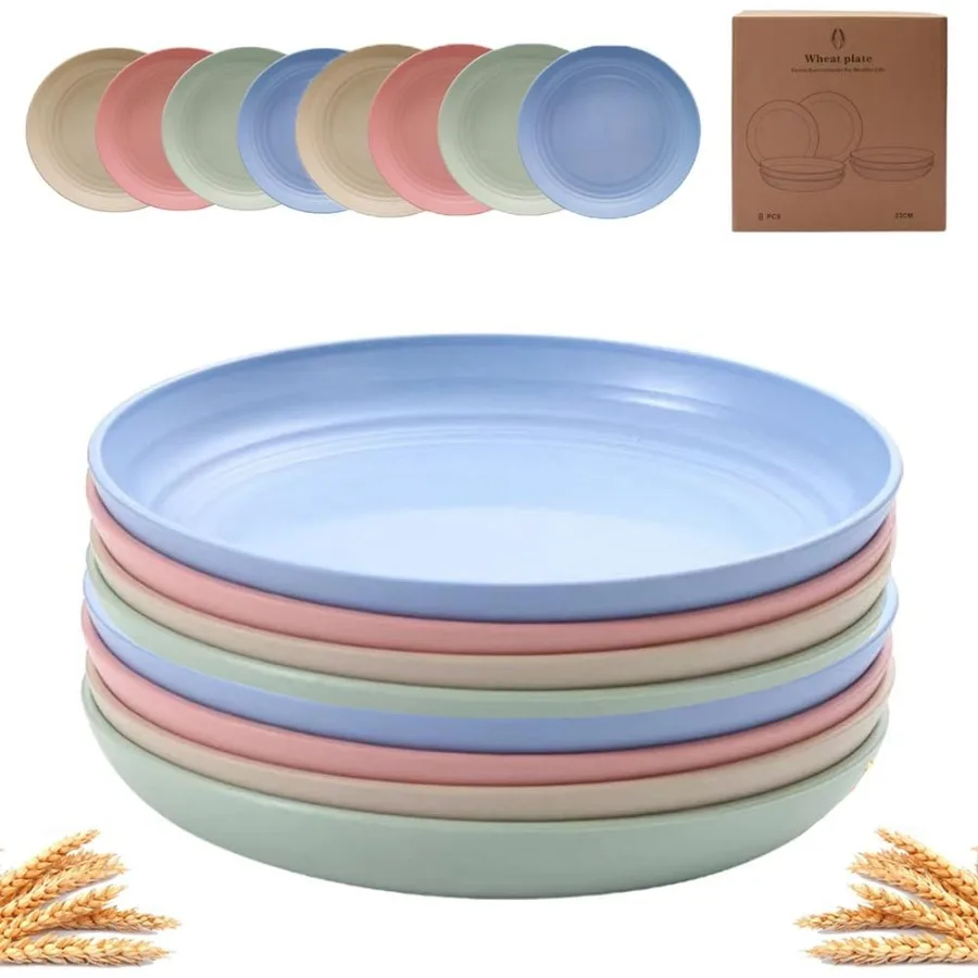 

8 шт. 9-дюймовые небьющиеся тарелки из пшеничной соломы для микроволновой печи и посудомоечной машины, многоразовая пластиковая посуда без BPA, идеально подходящая для Cer