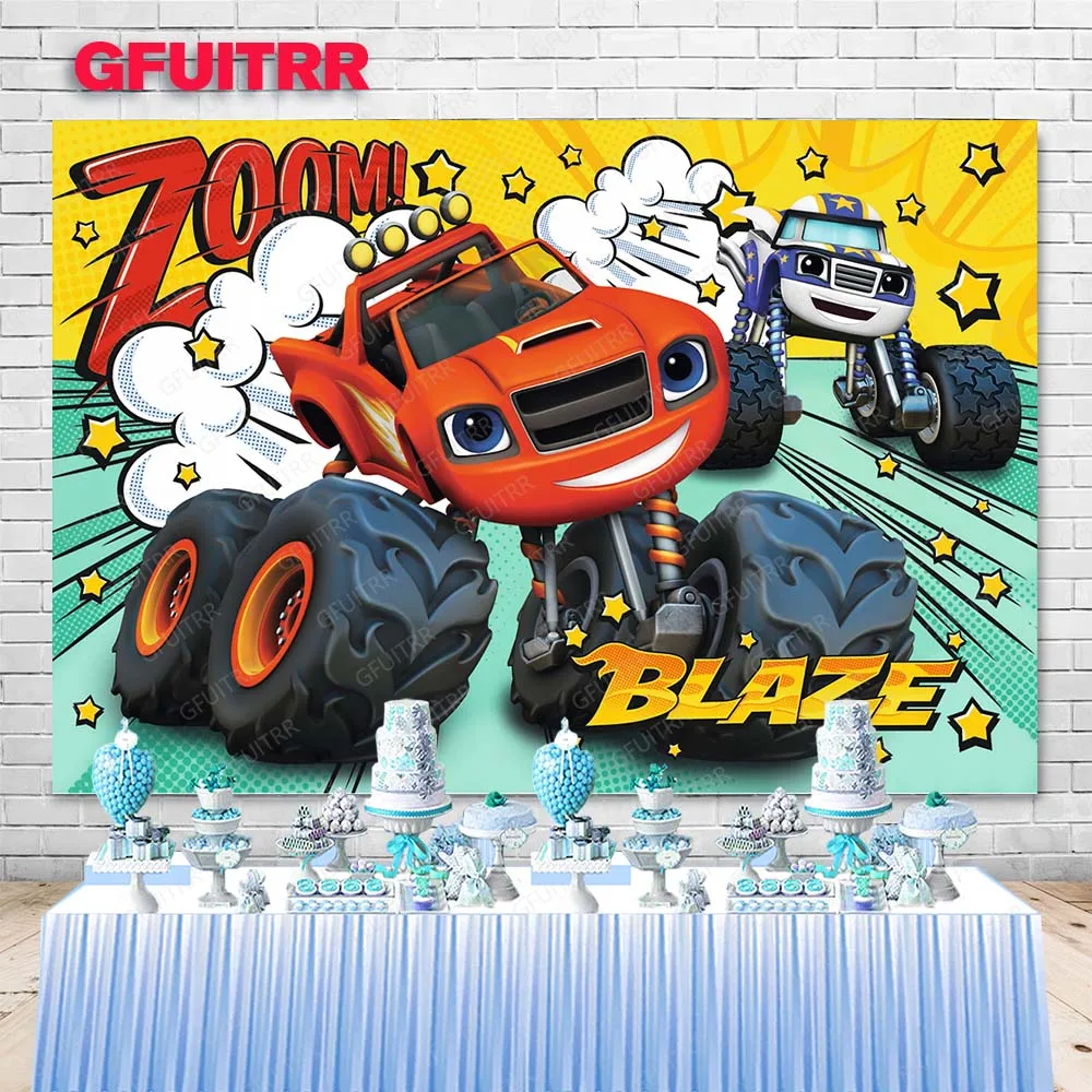 GFUITRR Blaze and the Monster Machine Photography Backdrop Boys Birthday Photo Background Red Truck Cars Photo Booth Props