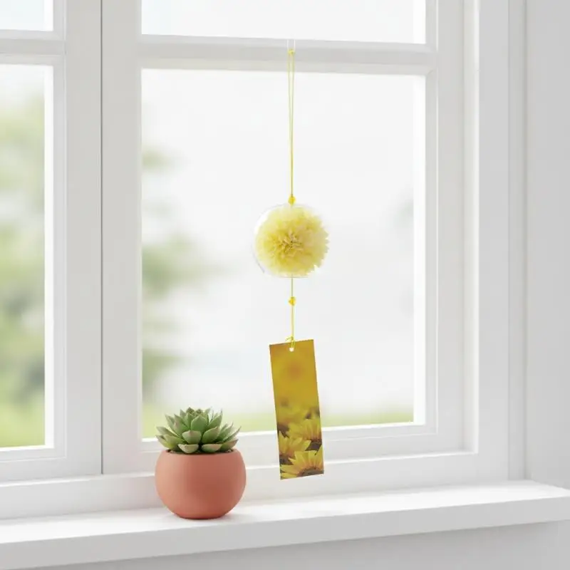 Japanese Style Glass Wind Chime with Artificial Flower Anti-Rust Hanging Ornament for Courtyard Patio Home Window Garden Decor