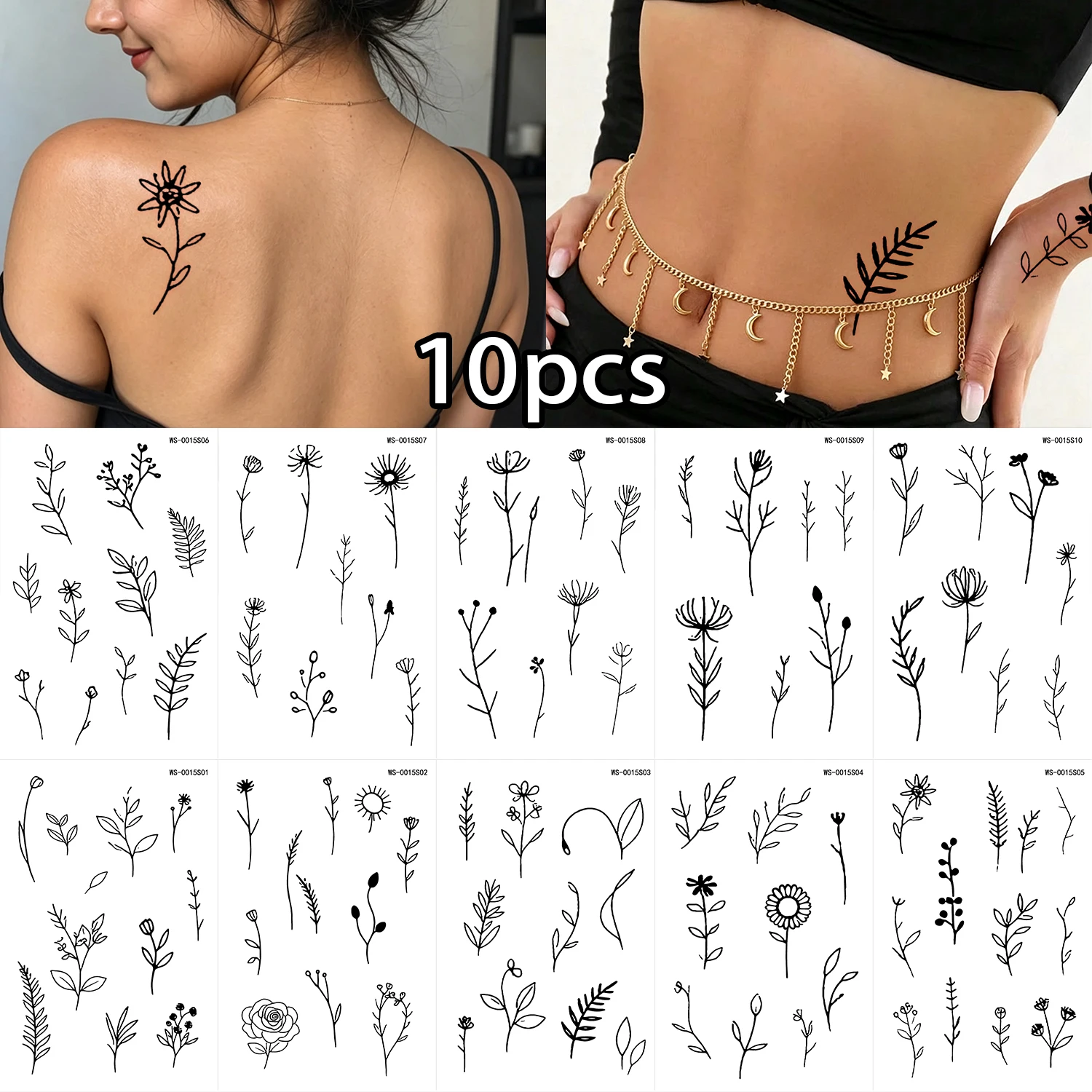 10PCS Black Line Flower Grass Temporary Tattoo Stickers Simple Sketch Daisy Rose Plant Branch Tattoos for Women Body Art Decals