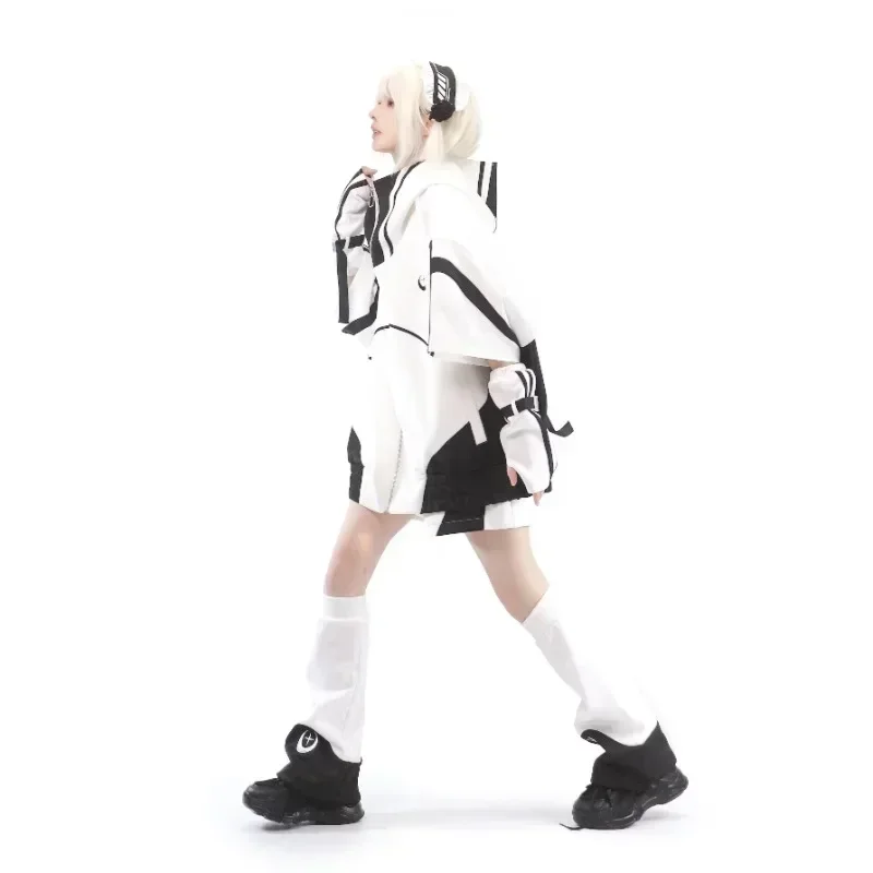 Setelan olahraga lengan pendek milik saya, jaket bertudung dengan ritsleting warna kontrak longgar celana kasual manis dengan Aksesori