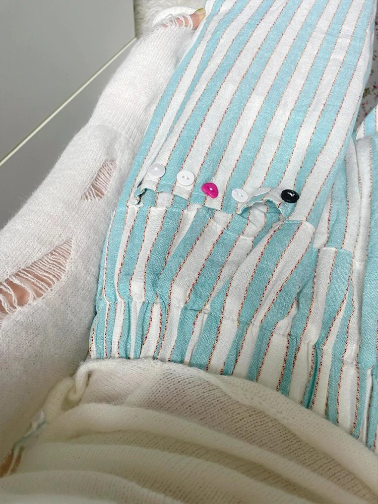 Niebieskie spodnie damskie z bawełny i lnu w paski, letnie, cienkie, luźne, z szerokimi nogawkami, w stylu lazy, proste, z wysokim stanem.