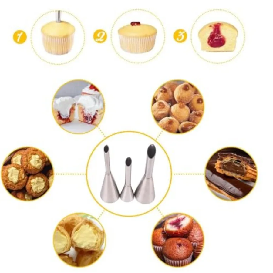 Cupcake and Doughnut Filler Tool with 3 Bismarck Piping Tips and 20 Disposable Piping Bags 12 inch