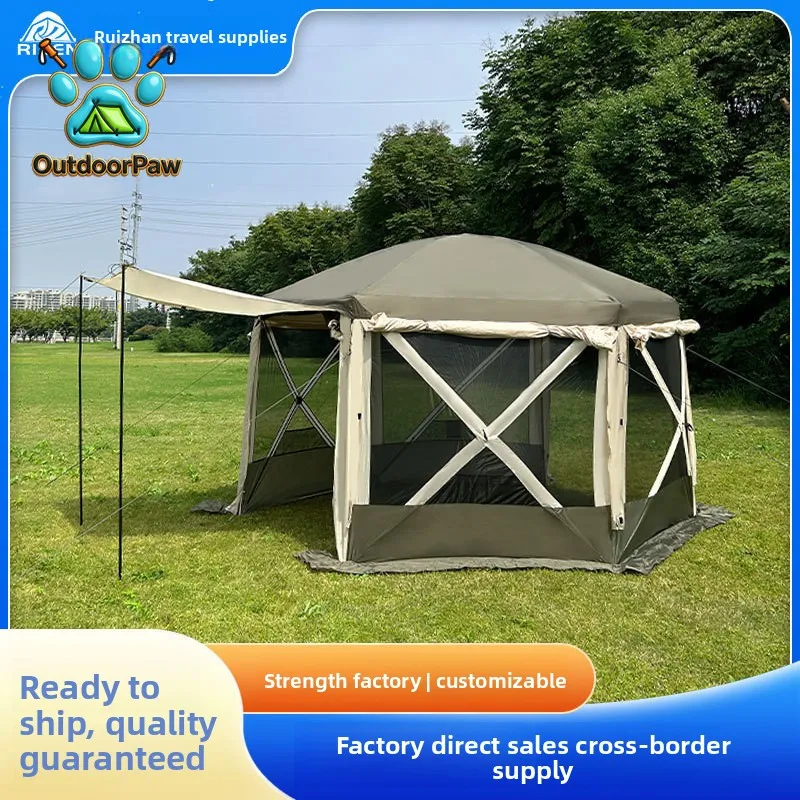 Hexagonal camping tent, outdoor awning, yurt, insect-proof, rain-proof and sun-proof camping tent, double-layer mesh yarn