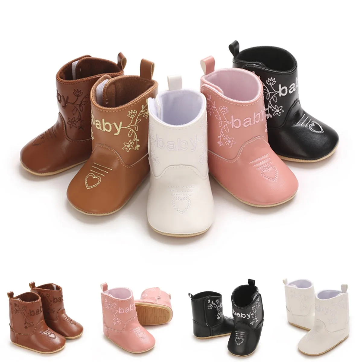 

Fashionable New Baby Little Boots Cute High Quality Soft PU Rubber Anti slip Sole Spring and Autumn 0-18M Newborn Walking Shoes