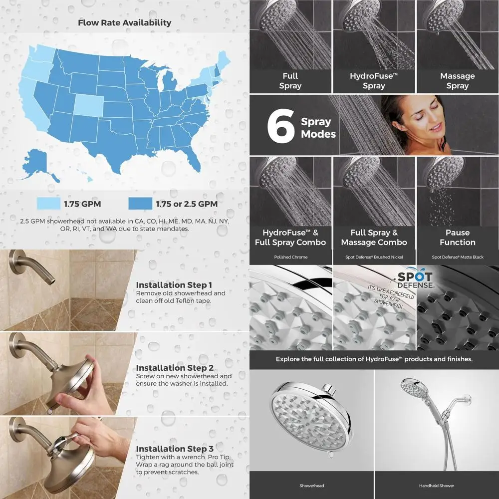 رأس دش HydroFuse ذو 6 وظائف، 2.5 GPM، كروم مصقول، بدون ذراع، موديل 015HF01CC