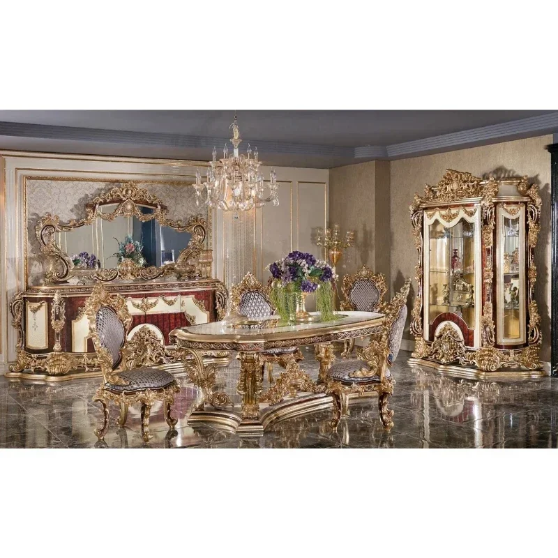 Selected Good Luxury Wooden Dining Room Furniture Set Classic Royal Family Antique Gold Hand Carved Dining Table With Chairs