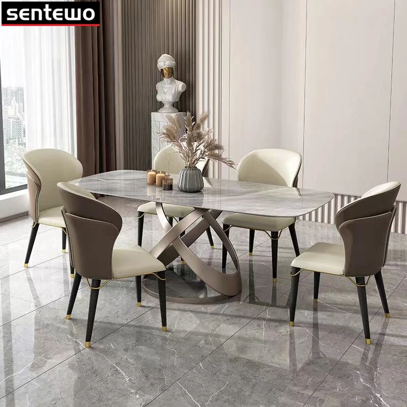 Designer Luxury Round Dinner Room Marble Rock Slab Dining Table Set 6 Chairs Esstisch Furniture Marbre Stainless Steel Gold Base