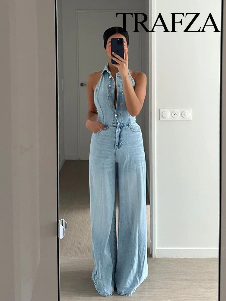 ​​TRAFZA Summer Fashion Women Jumpsuit Denim Blue Sleeveless Backless Pockets Single Breasted Female High Street Jumpsuits