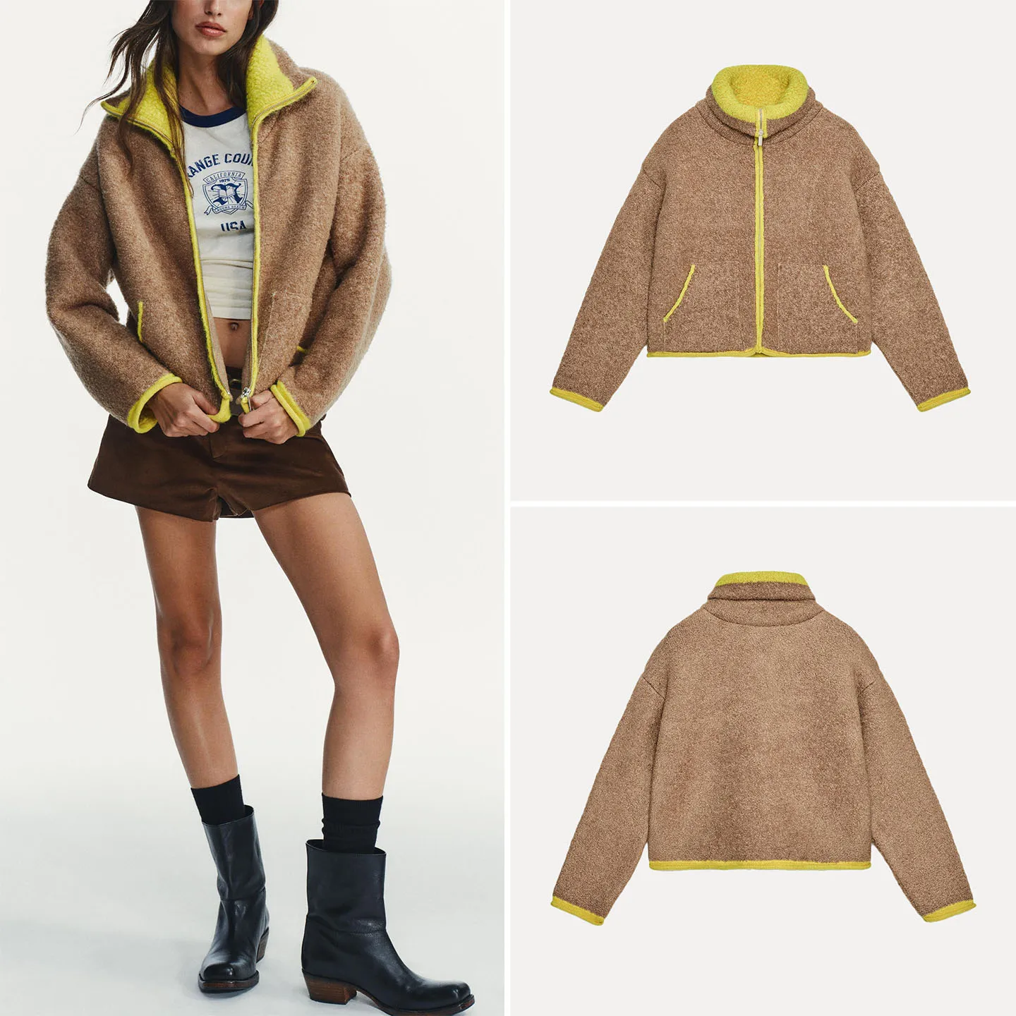 Chaqueta de Piloto Tejida para Mujer, Otoño 2025, Diseño en Bloques de Color, Estilo Hoado, Prenda Exterior Corta, Moda Fem...