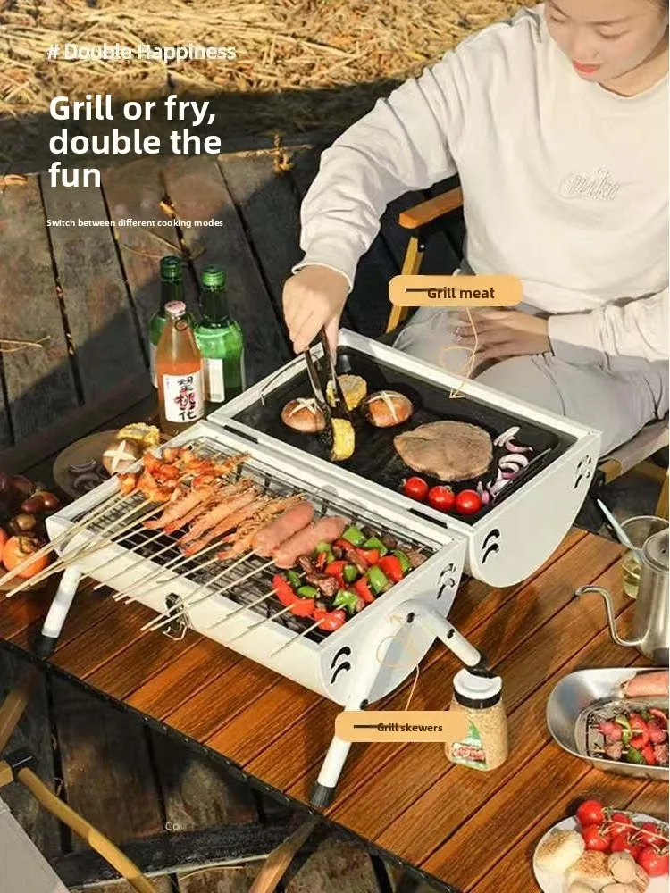 Outdoor Charcoal BBQ Grill Multi-Function Smoking And Roasting Campsite Cooking Stove Wild Camping Travel Gear Foldable Design