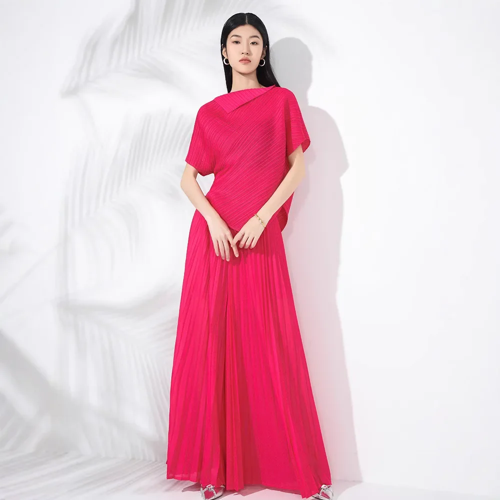 

Miyake Pleated Fashionable High-end Suit Spring New Solid Color Round Neck Pullover Top High Waist Wide Leg Pants Two-piece Set