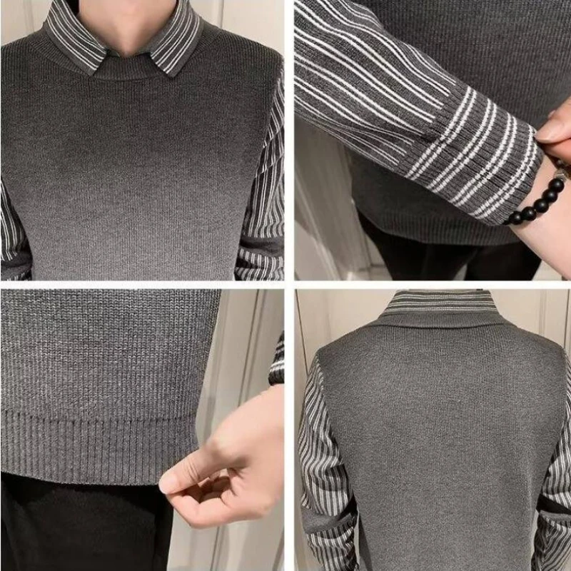 Fake 2 Pieces Shirt Collar Men\'s Knitted Sweater/Male Slim Fit Striped Casual Pullover/Man Long Sleeve Sweaters 3XL-M