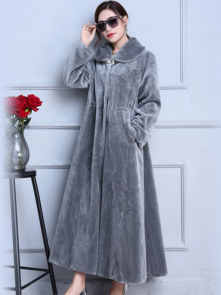 Nerazzurri Winter Extra Long Gray Fluffy Skirted Real Sheep Shearling Fur Coat Women Elegant Luxury Warm Lamb Wool Overcoat 2021