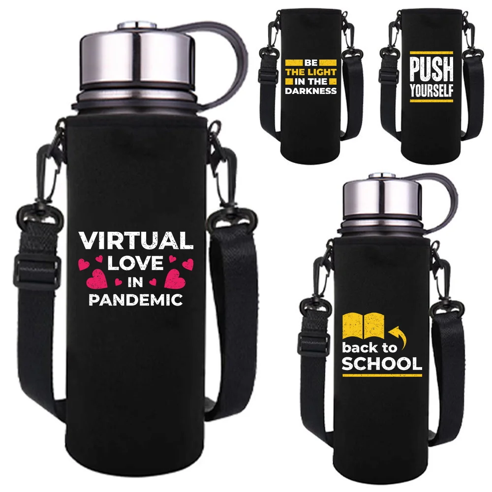

550-1500ML Insulated Water Bottle Sleeve Bag Cover Adjustable Strap Phrase Pattern Water Cup Case Outdoor Travel Accessories