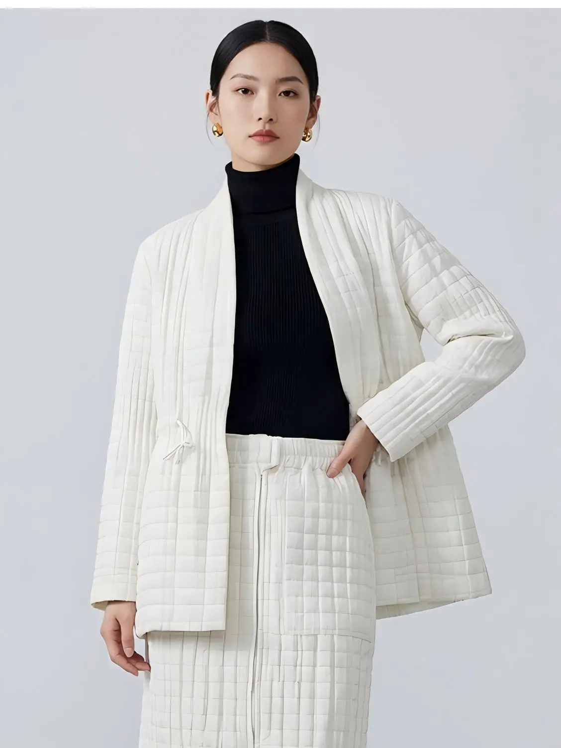 High-end Korean style handmade pleated quilted cotton-padded coat for women in winter.