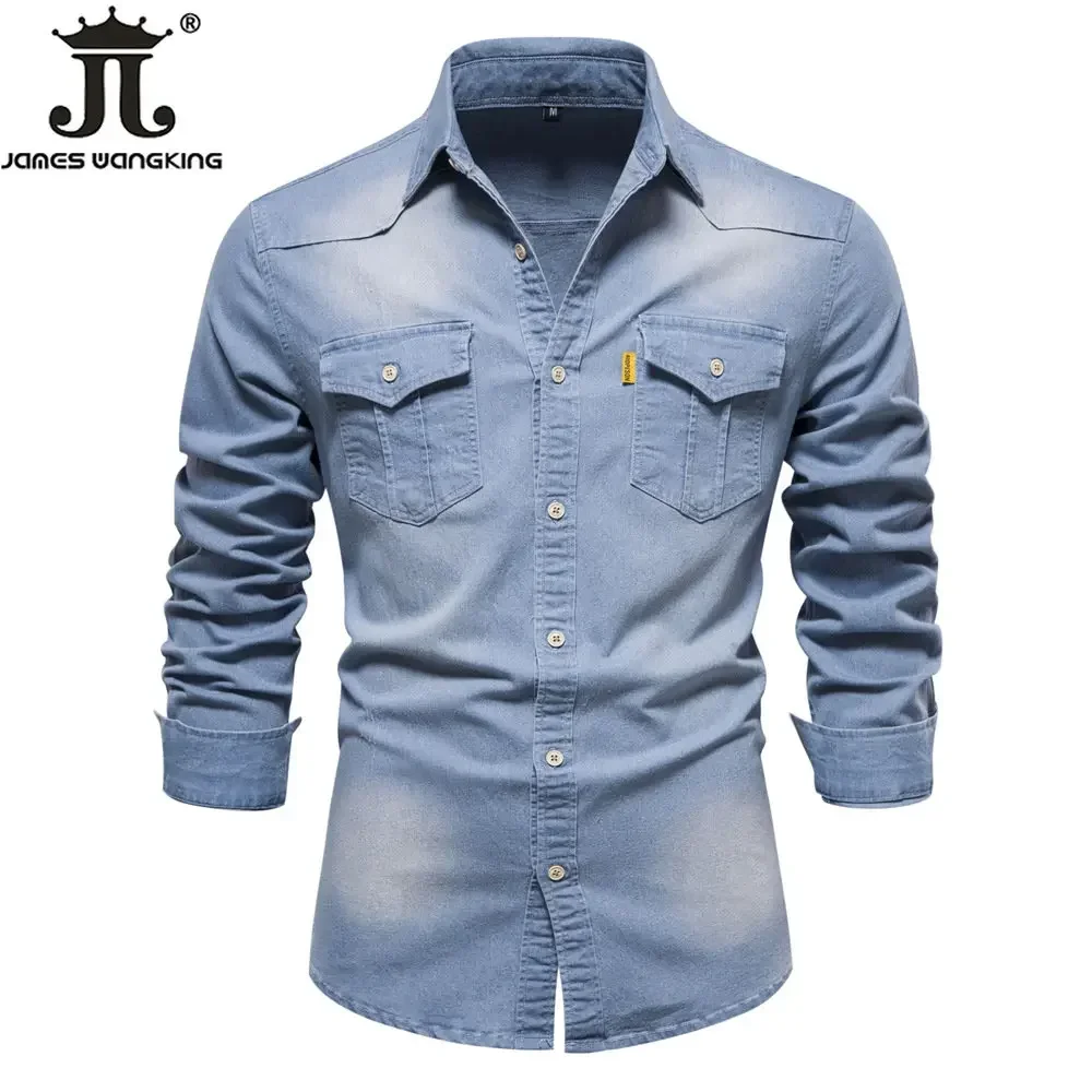 US Size S-5XL Cotton Men\'s Long-sleeved Washed Denim Shirt Casual All-match Button Solid Color outdoor Shirt Male