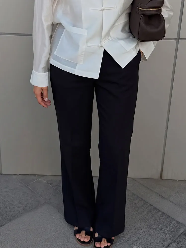 HH Womens Black Mid Rise Flared Suit Trousers Casual Summer Vacation Fashion High Street Elegant Party Zipper Pocket Pants