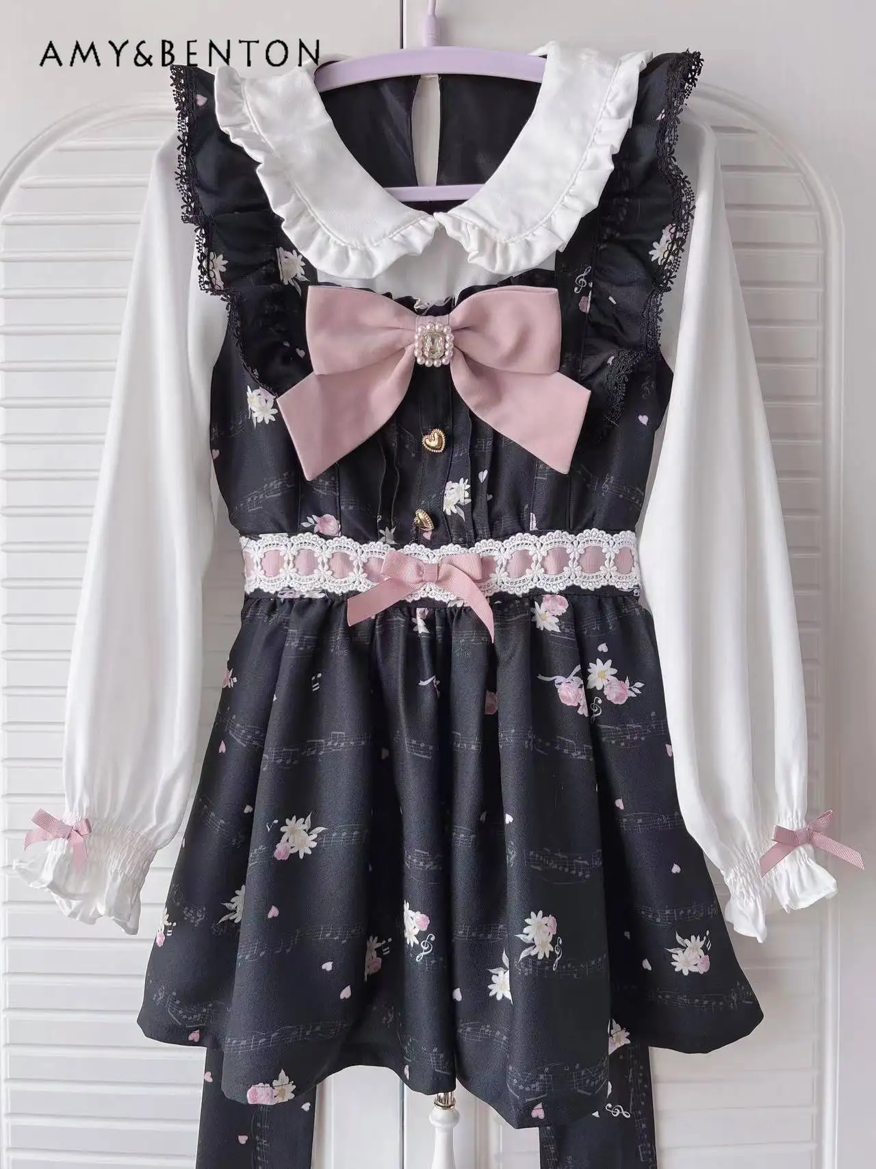 Spring Summer New Japanese Sweet Bow Liz Dress Women Mine Mass-Produced Kawaii Printed Doll Collar Dress Lolita Dresses Dress