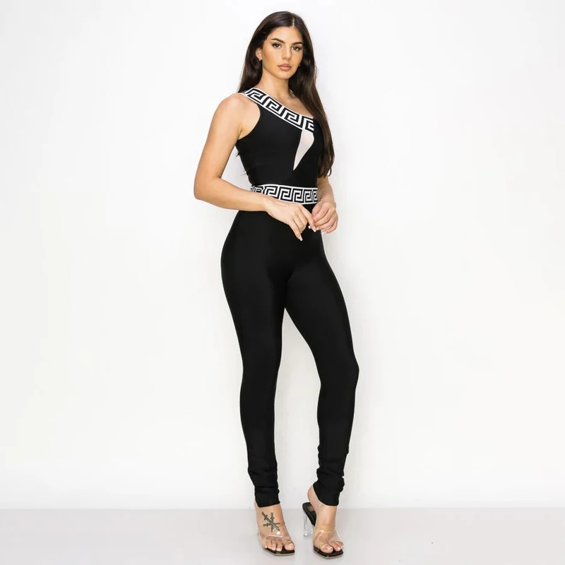 Factory Wholesale Women's Wear New Black White Jacquard Mesh Perspective Tight Sexy Celebrity Party Bandage Jumpsuits