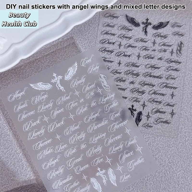 【Black White Letter Words Nail Stickers Angel Wings Letter Mixed Designs Holographic Y2K Nail DIY Decorative Stickers】